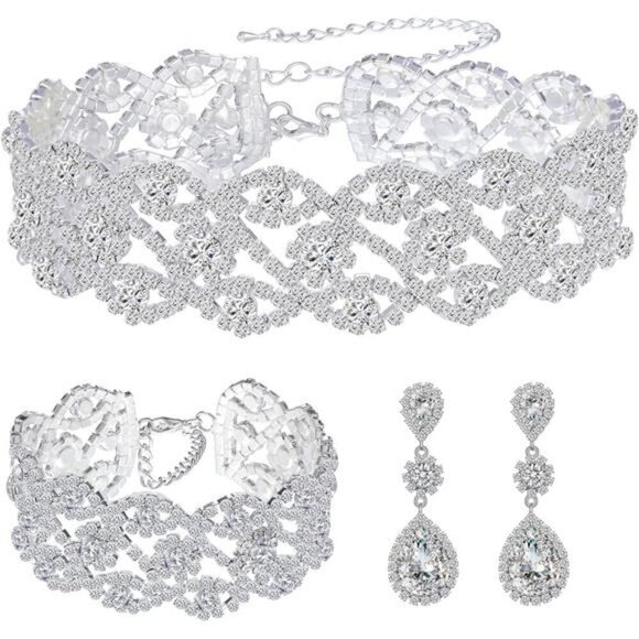 Luxury Crystal Bridal Jewelry Set – Silver Choker, Bracelet & Drop Earrings Set - Picture 1 of 7